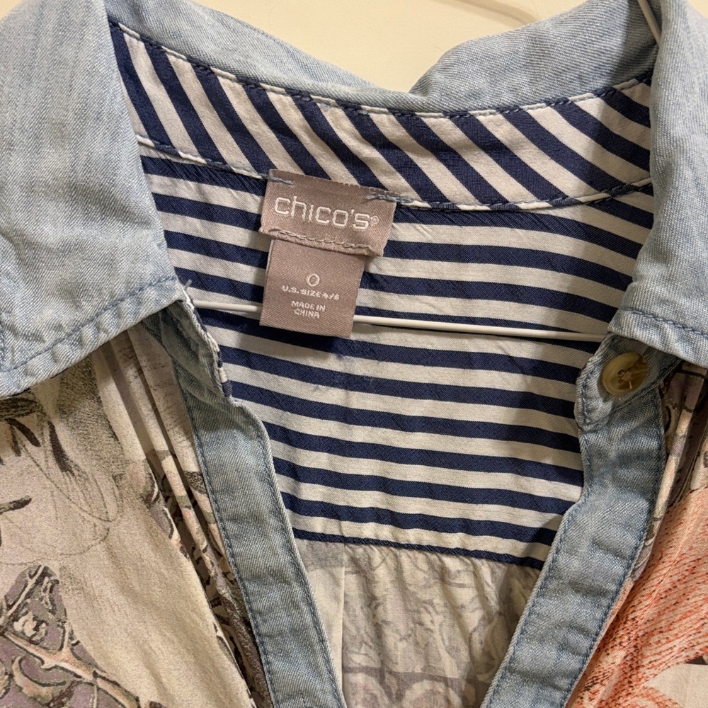 Chico's Blue and White Striped Shirt with Patterned Design